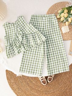 LMoss Young Girl Young Girl Woven Solid Color Round Neck Wireless Charging Loose Casual Top And Long Pants Set, Summer Multicolor Cute  Short Sleeve Woven Fabric Gingham,Plaid  Non-Stretch  Young Girls Clothing, size features are:Bust: ,Length: ,Sleeve Length: Casual Gingham Sets For Spring, Casual Cotton Bottoms With Strawberry Print, Casual Spring Gingham Sets, Playful Gingham Sets For Spring, Kids Co Ord Set, Summer Gingham Sets For Playtime, Co Ord Set For Kids Girl, Baby Dress Design, Casual Top