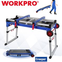 the workpro table sawhorse is being used by a man in blue overalls