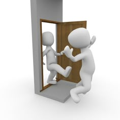 two 3d people are entering an open door and one person is running towards the door