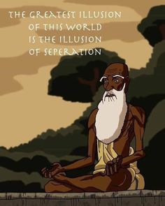 an old man sitting in the middle of a forest, with a quote above him