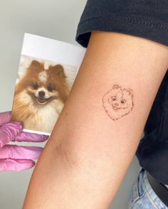 a person with a small tattoo on their arm holding up a dog's face