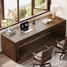 a laptop computer sitting on top of a wooden desk next to a lamp and chair