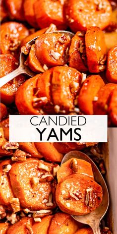 candied yams in a white dish with spoons on the side and text overlay that reads, candied yams