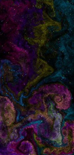 an abstract painting with purple, green and blue colors in the center on a black background