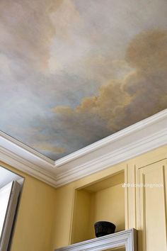 Forest Ceiling Mural, Wallpaper Inside Wall Moulding, Cloud Wallpaper Ceiling Bedroom, Modern Versailles Decor, Sky Wallpaper Ceiling, Cloud Mural Ceiling, Home Wall Mural Ideas, Painted Vaulted Ceiling Bedroom, Wall Murals Aesthetic