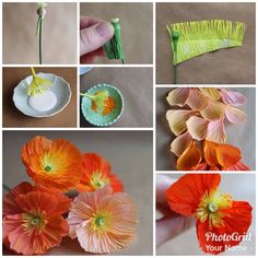 several pictures of flowers being made with yarn