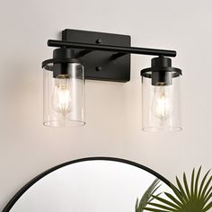 two lights are hanging on the wall above a mirror and potted plant in front of it