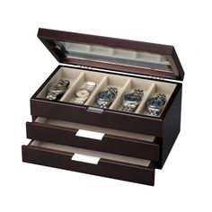 The perfect accessory for your watch collection, this Sonny wood watch box features five separate watch compartments to prevent scratches and damage during storage. Mens Accessories Necklace, Mens Accessories Vintage, Mens Accessories Bracelet, Wood Watch Box, Glass Lift, Watch Organizer, Wine Gift Baskets, Watch Boxes, Swiss Army Watches