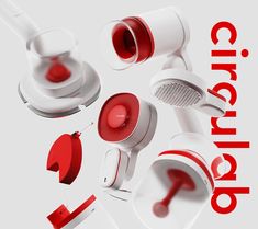 red and white headphones with the words electric on them, surrounded by other earbuds