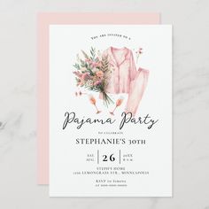 the pink pajamas and flowers bachelor party card is shown on a marble surface with a white background