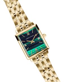 An iconic design, elevated. Combining the classic style of old vintage watches with an ultra-modern appeal in sumptuous and stylized gold. The mini square-shaped 31mm dial features minimalist numerals with a decadent forest green face and crystal detailing. Boyfriend pairs classic design with robust links made of gold-plated metal. Women Gold Watch, Green Watch, British Heritage, Modern Mom, Yellow Gold Engagement Rings, Iconic Design, Old Vintage, Earrings Collection, Watches Jewelry