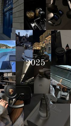 A stylish 2025 vision board collage with images of luxury elements: Bvlgari store entrance, iced coffee cups in a car, workout gear with headphones, scenic yacht view with tablet, upscale car collection including a Porsche and Mercedes, chic coffee cup, designer shoes, airplane cabin, laptop with coffee, Dior book, and a travel bag in an airport setting. This collage evokes themes of luxury, travel, success, and sophistication, ideal for visualizing an ambitious lifestyle. 2025 Vision Board Business, Vision Board For Fashion Designer, Lifestyle Content Aesthetic, Photoshoot Vision Board, Vision Board Ideas For 2025, 2025 Vision Board Collage, Vision Board Luxury Life, 2025 Vision Board Manifestation, Vision Board Business Goals