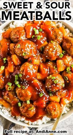 sweet and sour meatballs with rice in a bowl