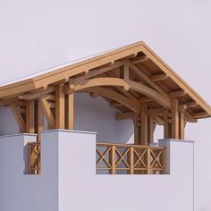 an architectural rendering of a building with wooden beams and balconies on the roof