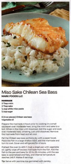 the menu for miso sake chilean sea bass with rice and herbs is shown here