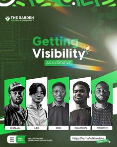 the poster for getting visibility as a creative artist, featuring five men in black and white