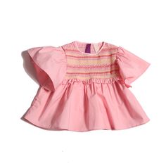 A delicately ruffled butterfly short-sleeve blouse featuring a colorful smocked bib. With a button loop and modesty lip at the back of the crew neckline, this voluminous flounce sleeve top makes for a sweet style for your little one!SELF: 100% CottonMachine wash cold, gentle cycle, do not bleach, line dry, low ironSKU: SS24-KG-TP150V CO151 SHRIMP TOP LENGTH:SIZE 2: 36 cm | 14.17 inSIZE 3/4: 38 cm | 14.96 inSIZE 5/6: 44 cm | 17.32 inSIZE 7/8: 50 cm | 19.68 inSIZE 9/10: 54 cm | 21.26 inSIZE 11/12: Cotton Smocked Top With Ruffle Sleeves And Details, Fitted Smocked Top With Gathered Sleeves, Cropped, Flounce Sleeve Top, Chic V-neck Smocked Top With Ruffles, Smocked Blouse, Smock Blouse, Flounce Sleeve, Cardigan Top, Sweet Style