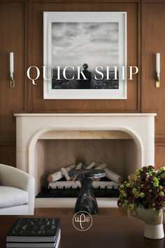 a fireplace with the words quick ship in front of it and a vase filled with flowers