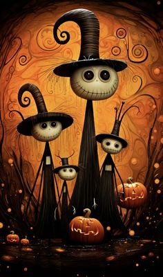 a painting of three little witches with pumpkins