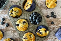 several blueberry muffins in a muffin tin with fresh blueberries around them