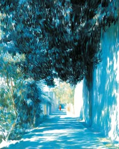 a painting of a tree lined street with blue walls and shadows on the ground,