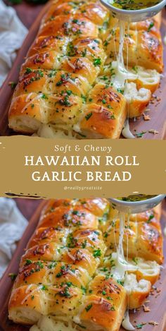 hawaiian roll garlic bread is being drizzled with cheese and parmesan