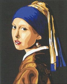 a painting of a girl with a pearl ear wearing a blue headband and gold earrings