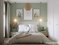 a bedroom with green walls and pictures on the wall above the bed, along with two lamps