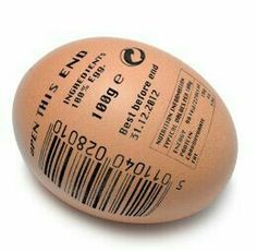 an egg with a bar code on it sitting in front of a white background,