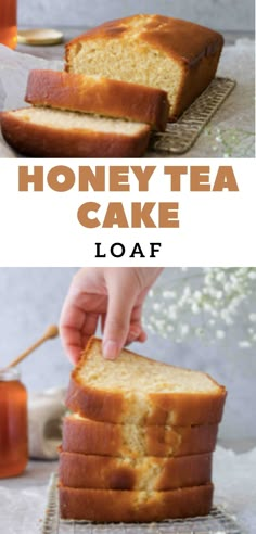 a loaf of honey tea cake is cut into slices and placed on a cooling rack