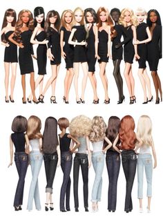 barbie dolls lined up in black dresses and high heeled shoes, all facing different directions