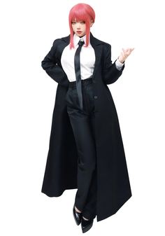 a woman with pink hair wearing a black suit and tie, standing in front of a white background