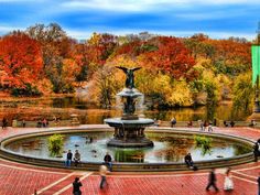 a fountain surrounded by trees with fall colors in the background and people walking around it