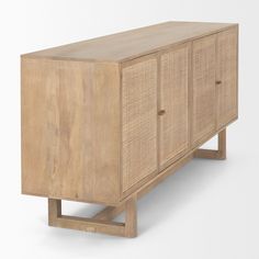 the sideboard is made out of wood and has two doors on one side, and three drawers on the other