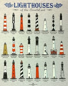 the lighthouses of the southern united states are depicted in this t - shirt design