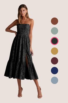 Our bridesmaids dress, Delphina, is cut from our floral burnout fabric. She features a strapless silhouette paired with a self-tie lace-up back and a pleated A-line skirt. Black Bridesmaid Dress, Atelier Dress, Midi Bridesmaid Dress, Black Bridesmaid, Burnout Fabric, Black Bridesmaids, Black Bridesmaid Dresses, Bridesmaids Dress, A Line Skirt