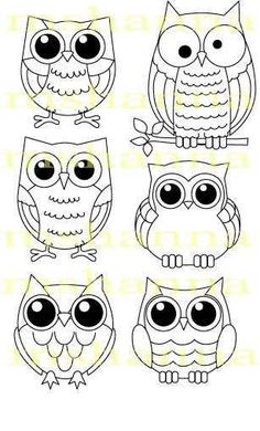 four owls sitting on top of each other with big eyes and one small owl in the middle