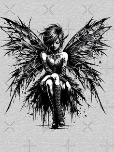 a black and white drawing of a woman sitting on the ground with wings spread out