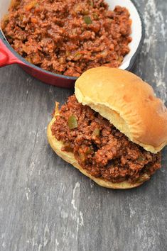 two sloppy joes sitting next to each other on top of a wooden table with the words turning spaghetti sauce into real sloppy joes