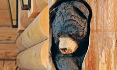 a bear carved into the side of a wooden structure with it's head sticking out