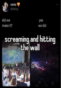 two screens showing the same scene in front of an audience at a concert, with text that reads screaming and hitting the wall