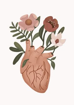 an illustration of a heart with flowers in it's center and the inside of its body