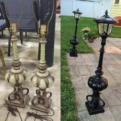 two pictures side by side, one has an old fashioned lamp and the other is new