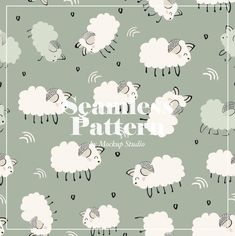 a sheep pattern with the words seamless pattern in white on a light green background