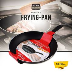 frying pan with spatula on the side and nonstick frying pan in front