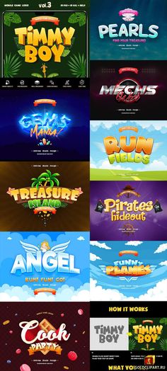 some type of video game titles that are all different colors and font styles, with the title