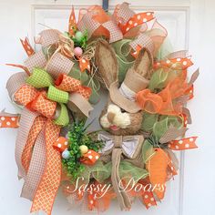 an easter bunny wreath on the front door