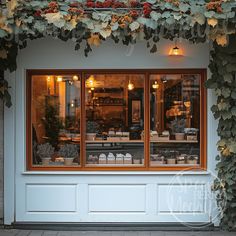 a store front with plants growing on the outside and glass windows that have lit candles in them