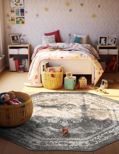 a child's bedroom is shown with toys on the floor