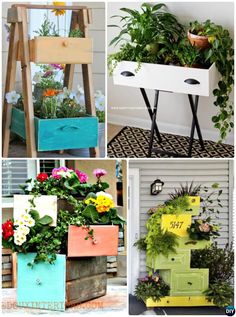 four different types of planters with flowers and plants growing out of them, including an old ladder